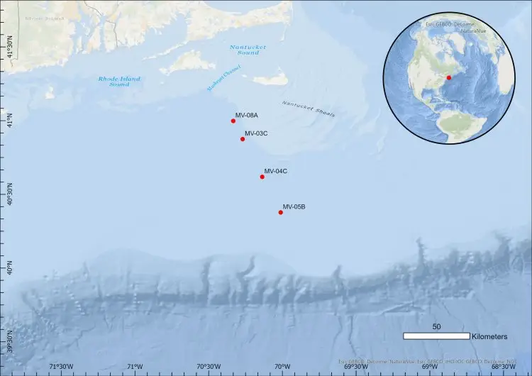 Kegiatan pengoboran dilakukan di lepas pantai New England.Grafik oleh Expedition 501.